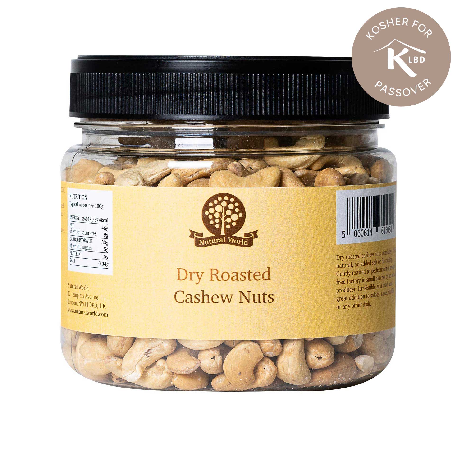 Dry Roasted Whole Cashews - Unsalted (500g) - Kosher for Passover