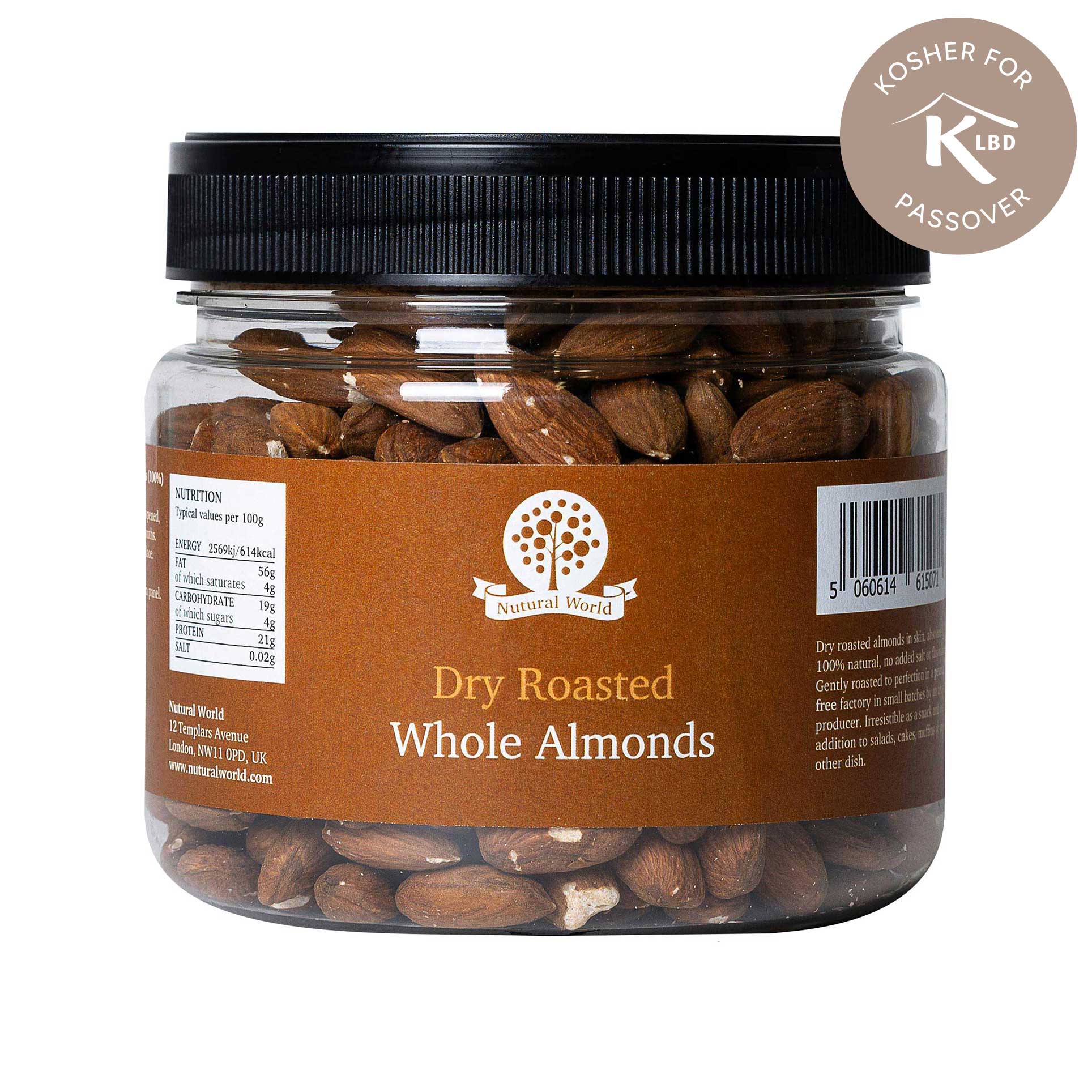 Dry Roasted Whole Almonds - Unsalted (500g) - Kosher for Passover